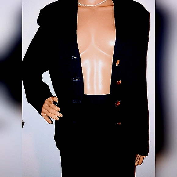 ST JOHN 6 BLACK SANTANA KNIT LOGO SATIN COVER BUTTON COLLAR LAPEL SKIRT SUIT - Picture 3 of 7